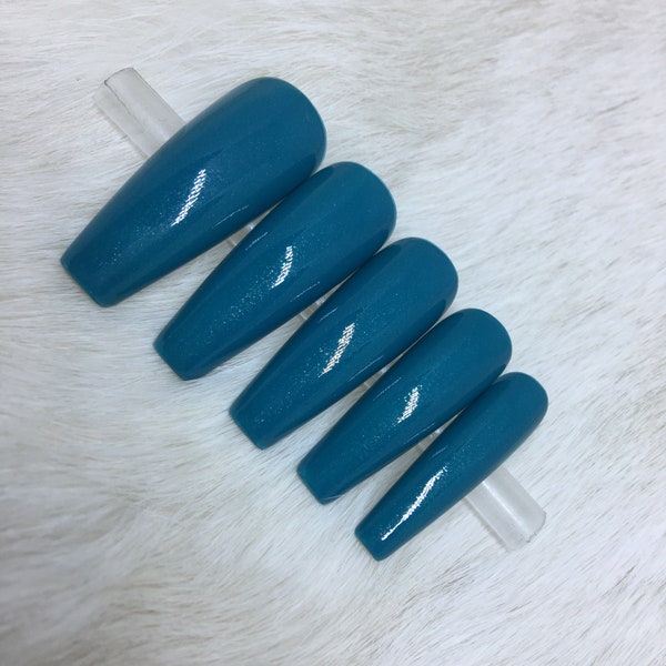 Set of 20 Handpainted Antigua Blue Sparkle Nails | • CHOOSE YOUR SHAPE • press on nails • fake nails • false nails