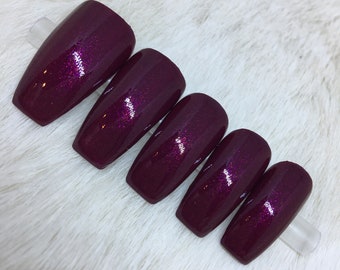 Juego de 20 uñas pintadas a mano con brillo burdeos / • ELIGE TU FORMA • uñas postizas • uñas postizas • uñas postizas