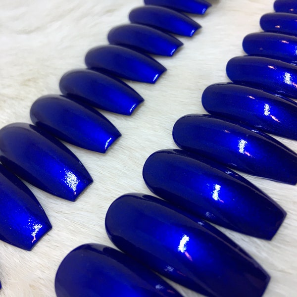 Set of 20 Handpainted Deep Navy Blue Shimmer Glossy Nails | • CHOOSE YOUR SHAPE • press on nails • fake nails • false nails