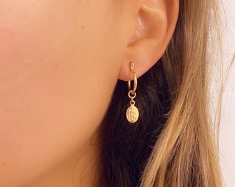 18K Coin hoop Earrings, Dainty Charm Hoops, Saint  Hoops, Religious Gift for Her, Small Hoop Earrings,Christian Jewelry Gold Filled Hoop