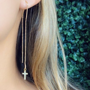 18K Tiny Cross Chain Earrings, Dainty Cross Dangling Earrings,Gold Threader Cross Earrings,Simple CrossPull Through Earrings,Religious Gift