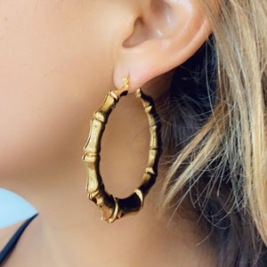18K Large Bamboo Hoops,Waterproof Hoops,Gold Filled Lightweight Bamboo Hoop Earrings,Boho Hoop earrings,Chunky Gold Hoops