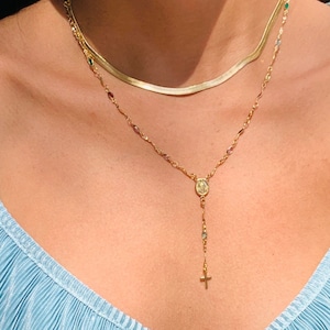 Colorful Rosary Chain Necklace, Gemstone Rosary Chain, Gold Layered Tiny Cross Necklace, Gemstone Rosary,Religious Gift for her,Rosary chain