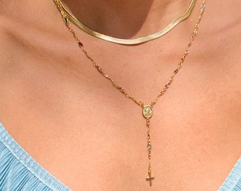 Colorful Rosary Chain Necklace, Gemstone Rosary Chain, Gold Layered Tiny Cross Necklace, Gemstone Rosary,Religious Gift for her,Rosary chain