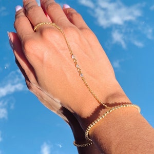Dainty Gold Filled Beaded Hand Chain Bracelet, CZ Ring Hand Jewelry, Minimalist Hand Chain, 14K Gold Filled Bracelet, Ring attached Bracelet