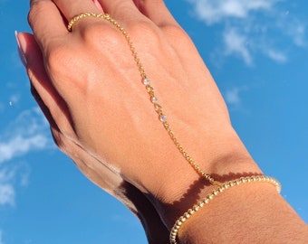 Dainty Gold Filled Beaded Hand Chain Bracelet, CZ Ring Hand Jewelry, Minimalist Hand Chain, 14K Gold Filled Bracelet, Ring attached Bracelet