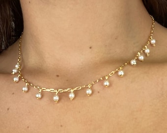 18K Gold Filled Dangling Pearl Chain Necklace, Dainty Womens Necklace, Gold Teardrop necklace, Bridesmaids gift, Gift for her, Layering