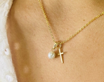 Collar de cruz chapado en oro de 18 quilates, collar con dije de cruz y perla, collar de cruz cristiana, regalo religioso, collar de cruz para hija, religioso
