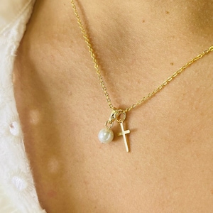 18K Gold Filled Cross Necklace,Cross and Pearl Charm Necklace,Christian Cross Necklace,Religious Gift,Cross Necklace for Daughter,Religious