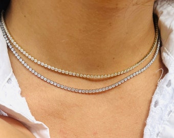 Gold Filled CZ Diamond Tennis Necklace, Sterling Silver, Layering Necklace