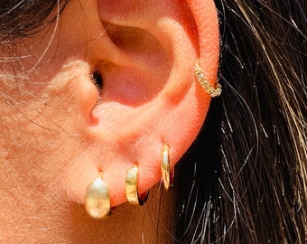 Puede incluir: Una oreja con varios pendientes de aro dorados. Los pendientes son de diferentes tamaños y estilos, incluyendo un pequeño pendiente redondo y un aro más grande y delicado.