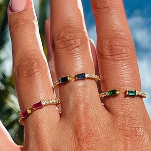 Dainty Emerald Gemstone Ring, Thin Gold Ruby Ring, Simple CZ Stackable Rings, Open Adjustable ring, Layering ring, Sapphire Ring jewelry