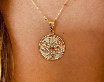 Collar con amuleto de la suerte GF de 18 quilates, collar de protección, collar con amuleto de corazón de Hamsa, regalo para ella, mal de ojo, collar delicado de oro, collar de protección