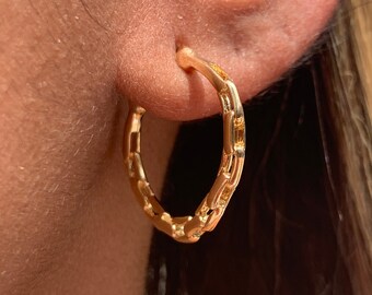 May include: Gold hoop earrings with a chain link design.