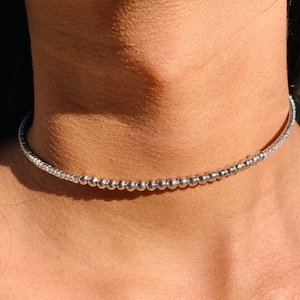 Silver Tennis Necklace, Silver Beaded choker, Thin Choker,Dainty Choker, Simple Necklace, Minimalist Necklace, Gift for daughter, For her