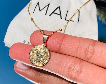 Collana Con Medaglia Di San Benedetto In Acciaio Inossidabile - Gioiello Religioso Cristiano, Uomo E Donna, Color Oro