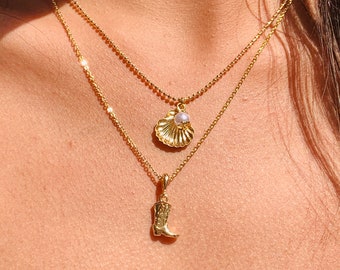 18K Coastal Cowgirl Hat Necklace, Seashell Charm Necklace, Cowboy Boot Charm Necklace, Coastal Jewelry, Western Jewelry, Rodeo Necklace