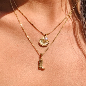 18K Coastal Cowgirl Hat Necklace, Seashell Charm Necklace, Cowboy Boot Charm Necklace, Coastal Jewelry, Western Jewelry, Rodeo Necklace