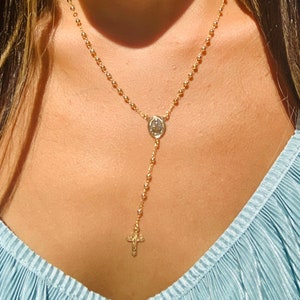 18k Long Rosary Chain Necklace, Dainty Gold Filled Tiny Cross Necklace, Religious Jewelry, Layering Chain, Womens Rosary Necklace, Cross