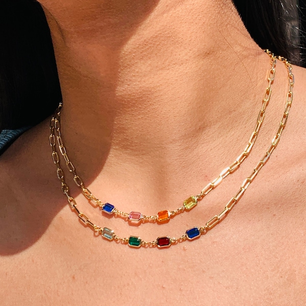 18KT Colorful Gemstone Necklace,Paperclip Necklace,Womens Necklace,Birthstone Jewelry,Dainty Necklace,Layering Necklace,Link Necklace