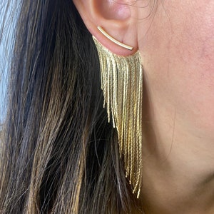 May include: Gold dangle earrings with a thin bar that goes through the earlobe and a long chain of gold strands hanging down.