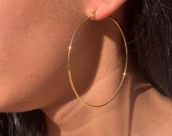 18K Large Thin Gold Filled Hoop Earrings, Simple Infinity Hoops, Lightweight Hoops, Extra Large Hoops, Waterproof Hoops, Minimalist Earrings