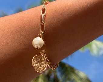 Bracciale con moneta di San Benedetto in oro 18 carati, bracciale con perle religiose, bracciale di San Benito, gioielli cristiani, regalo cristiano, gioielli di San Benedetto