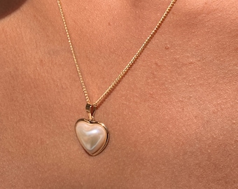 18K GF Heart Charm Necklace,Pearl Heart Jewelry,Dainty Heart Necklace,Gift for Mom,Anniversary Gift for wife,Women’s Necklace,Heart Jewelry