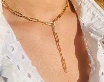 18K Gold Filled Rectangle Link Chain, Gold Paperclip Lariat Necklace, Chunky Link Necklace, Layering Necklace, Gold Filled Necklace