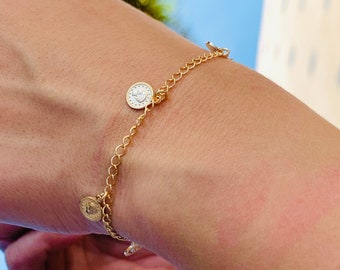 18K Gold Filled Dangling Coin Charm Bracelet, Multi Charm Mini Coin Bracelet, Layering bracelet, Stacking bracelet, Dainty Bracelet, For her