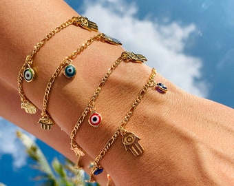 18K Gold Filled Evil Eye Hamsa Charm Bracelet, Hamsa Bracelet, Evil Eye Jewelry, Greek Eye, Turkish Eye, Protection bracelet