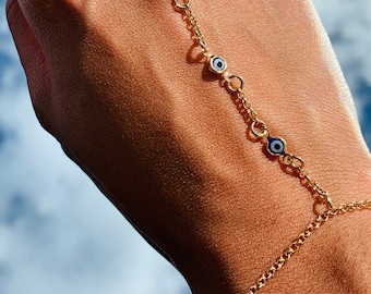 Gold Filled Evil Eye Hand Chain Bracelet, Dainty Ring Bracelet Chain, Slave Bracelet, Evil Eye Jewelry, Greek Eye, Turkish Eye, Protection