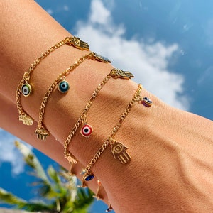 18K Gold Filled Evil Eye Hamsa Charm Bracelet, Hamsa Bracelet, Evil Eye Jewelry, Greek Eye, Turkish Eye, Protection bracelet