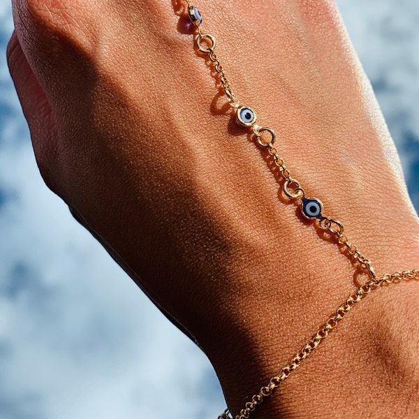 Gold Filled Evil Eye Hand Chain Bracelet, Dainty Ring Bracelet Chain, Slave Bracelet, Evil Eye Jewelry, Greek Eye, Turkish Eye, Protection