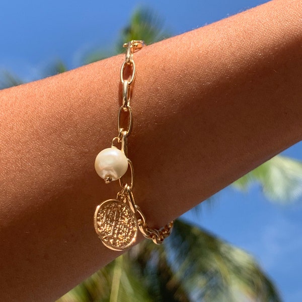 18K Gold Saint Benedict Coin Bracelet,Religious Pearl Bracelet,San Benito Brazalete,Christian Jewelry,Christian Gift,Saint Benedict jewelry