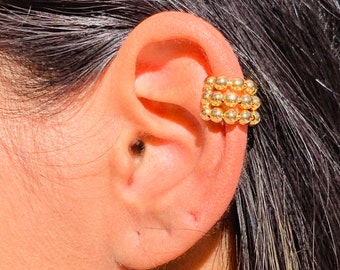 Chunky Beaded Gold Ear Cuff, No Piercing Boho Cuff Earring, Adjustable Gold Cuff, Gift for Girlfriend, Birthday Jewelry for Her