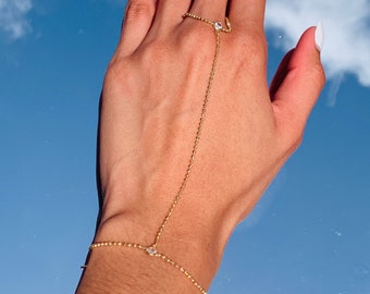 Dainty Gold Filled Hand Chain Bracelet, CZ Ring Hand Jewelry, Minimalist CZ Hand Chain, Gold Filled Bracelet, Ring attached Bracelet