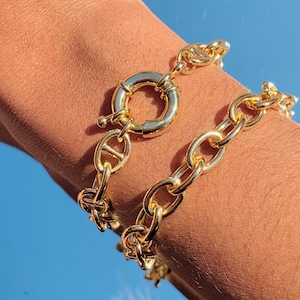 18K Chunky Gold Filled Bracelet, Thick Gold Bracelet, Layering Bracelet, Stackable bracelet, Bolt Ring Bracelet, Rolo Chain, Gift for her