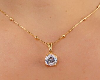 18k GF Diamond Pendant Necklace,Dainty Necklace,Womens Necklace, Everyday Necklace, Gold Filled Ball Chain,Cubic Zirconia Pendant Necklace