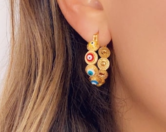 Pendientes de aro de ojo malvado de 18K, aros Boho, joyería de ojo malvado, pendientes rellenos de oro, Aretes Mal de Ojo, aros de ojo griego, aros de ojo turco