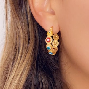 18K Evil Eye Hoop Earrings, Boho Hoops, Evil Eye Jewelry, Gold Filled Earrings, Aretes Mal de Ojo, Greek Eye Hoops, Turkish Eye Hoops image 1