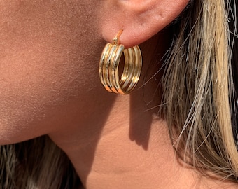 18K Triple Hoop Earrings, Triple Band Hoops,Gold Hoop Earrings,Triple Earrings,Triple Hoops,Modern Gold Hoops, Gold Bold Hoops,Bold Earrings