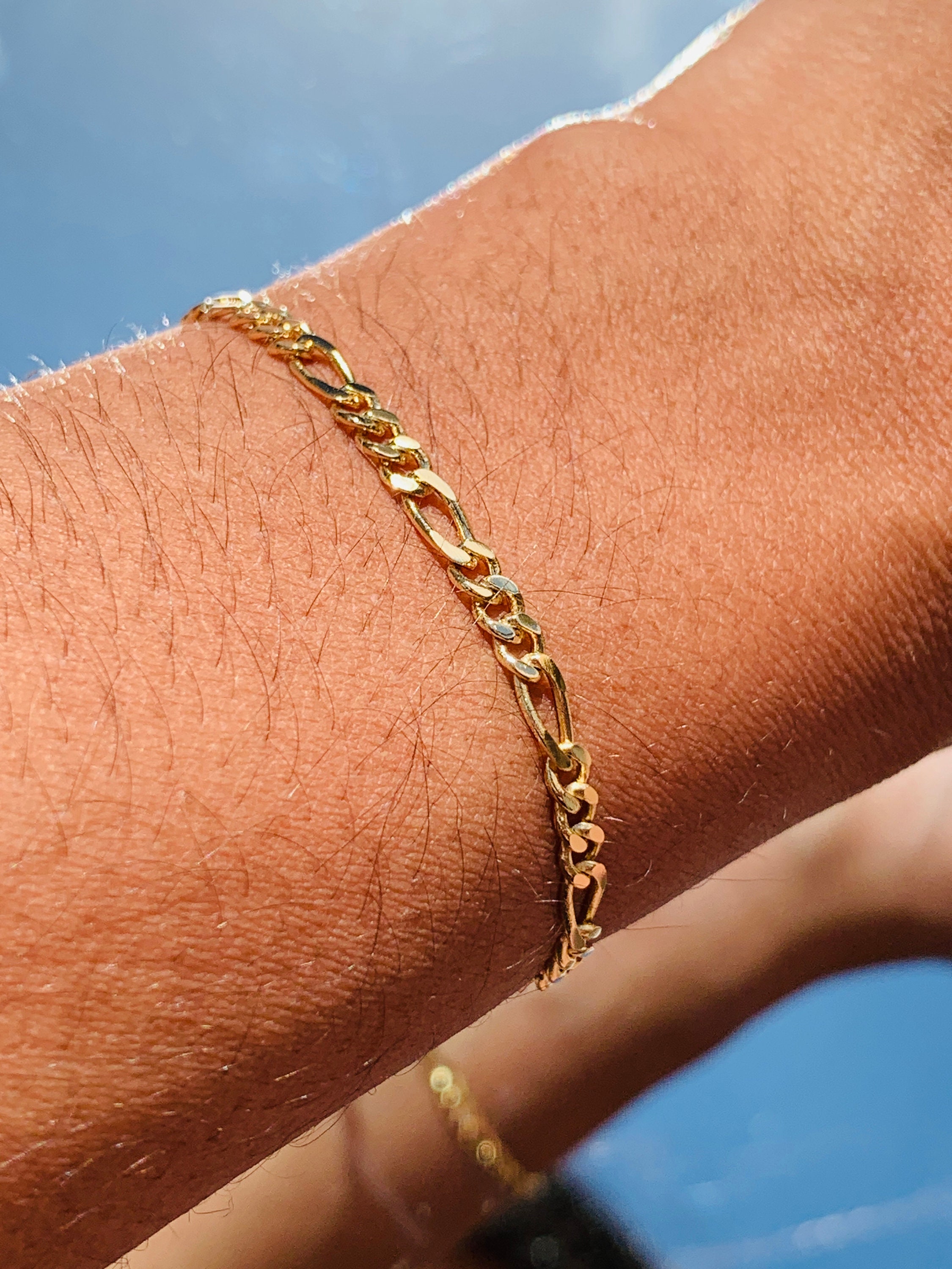 18K 3.5mm Figaro Chain Bracelet, Flat Chain Link Bracelet, Gold