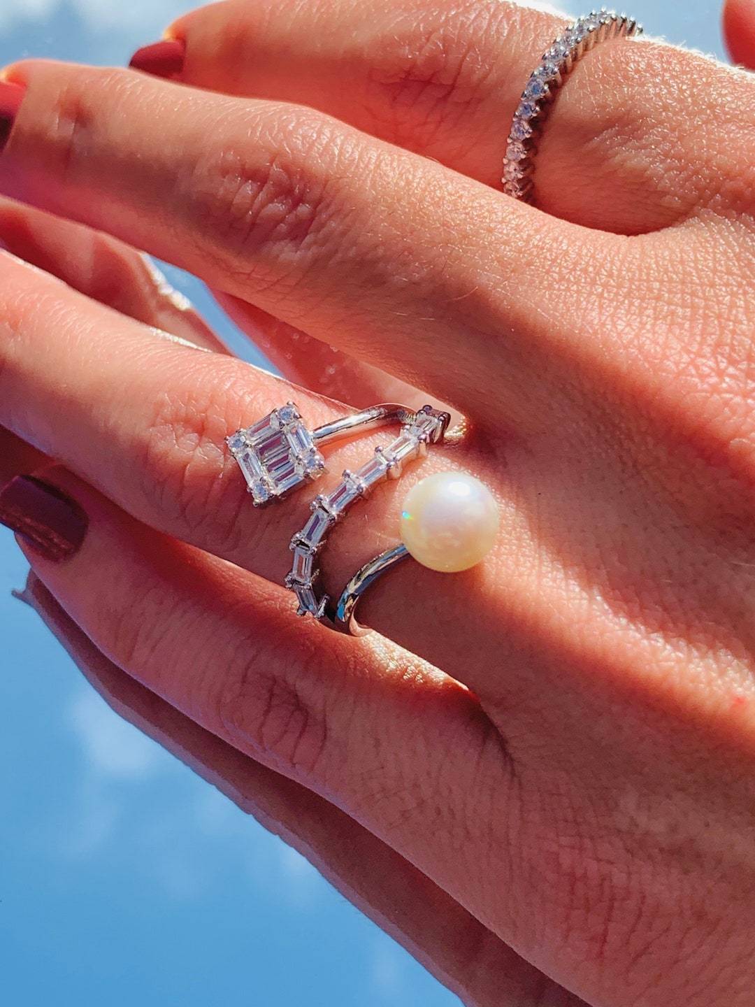 Dainty Sterling Silver Pearl Ring, Statement Rings, Silver Thumb Ring