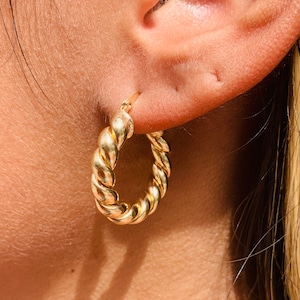 18K Twisted Rope Hoop Earrings, Chunky Gold Hoops, Lightweight Hoops, Waterproof Earrings, Everyday Hoops, Boho Hoops, Vintage Gold Hoops