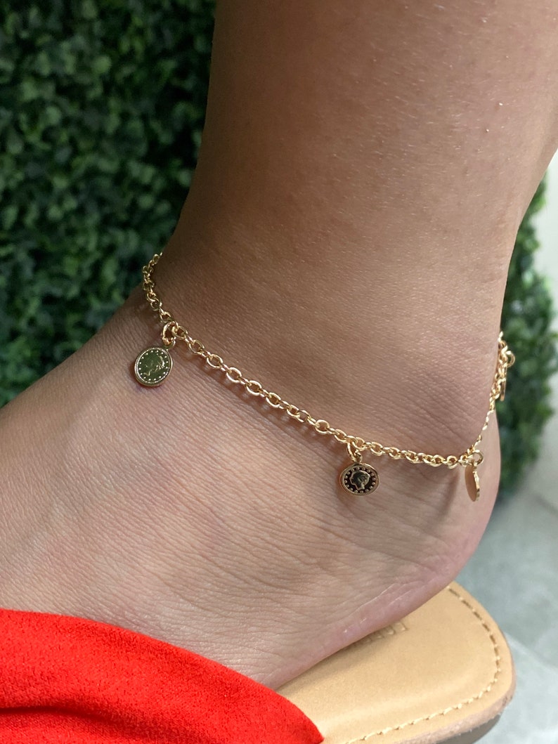 Dangling Gold Chain Anklet,Anklets,Minimalist Jewelry,Gift for her 18K GF Gold Coin Charm Anklets for Women,Gold Filled Anklet for her