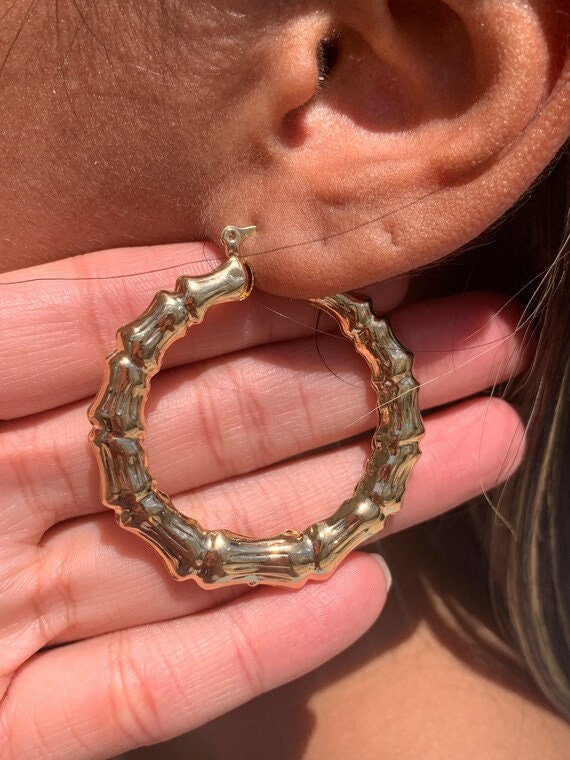 Belle Pink Gold Tone Hollow Casting Round Bamboo Hoop Earrings- 3 Inches, Made In Korea And Ship From USA - Foto 3