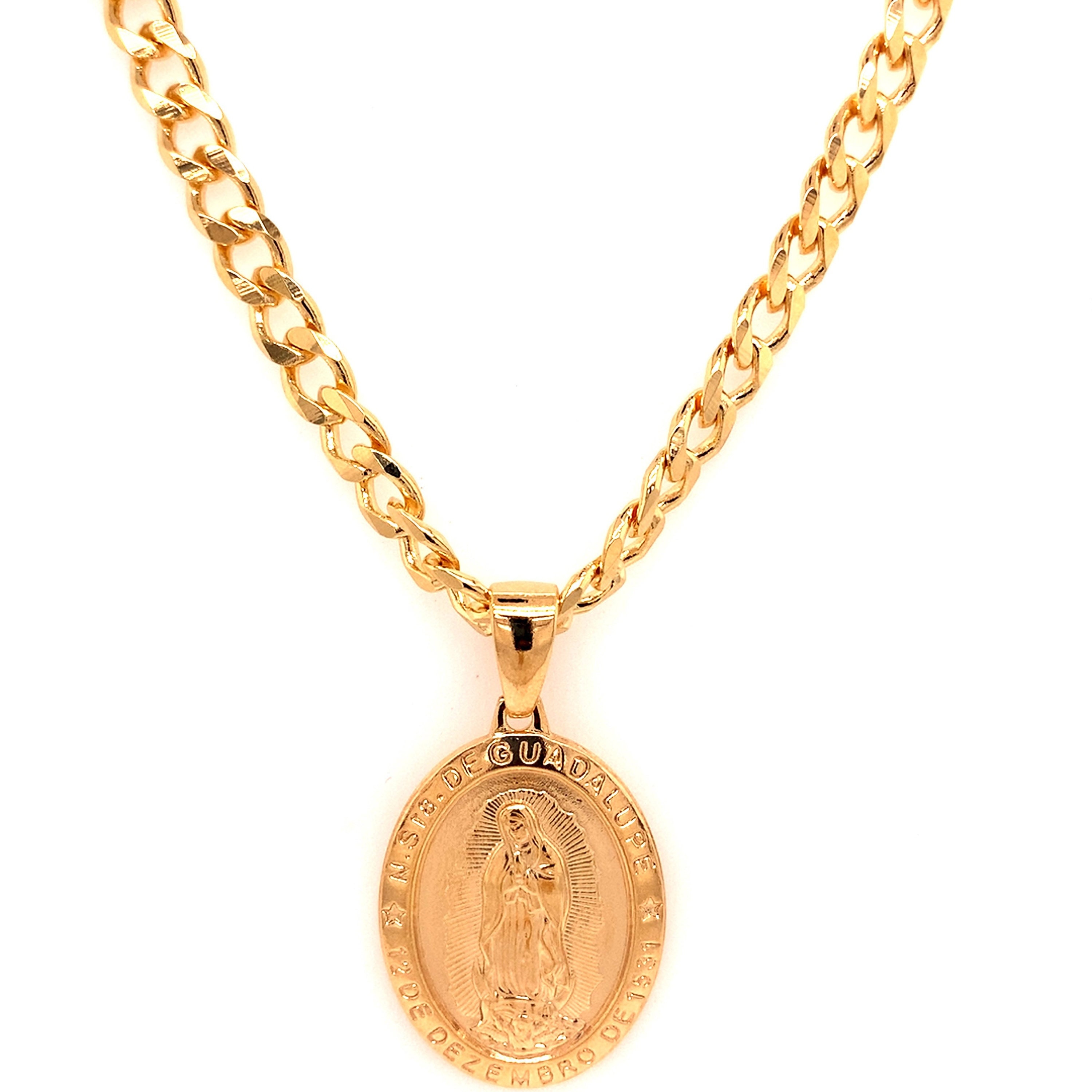 18K Virgen De La Guadalupe Thick Gold Mens Curb Chain With