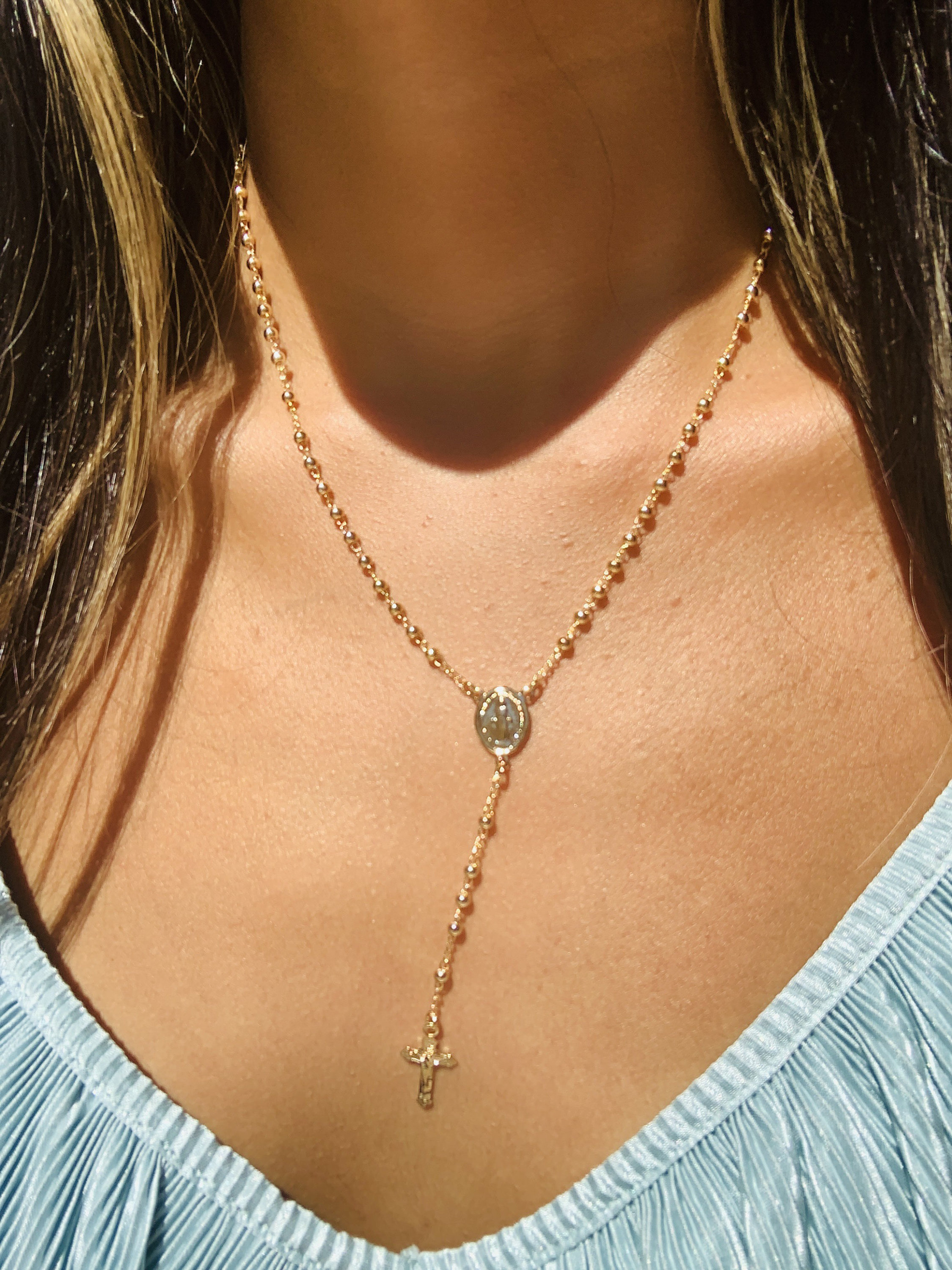 18k Long Rosary Chain Necklace, Dainty Gold Filled Tiny Cross