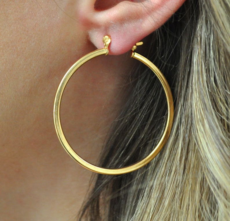 May include: Gold hoop earrings with a hinged closure.